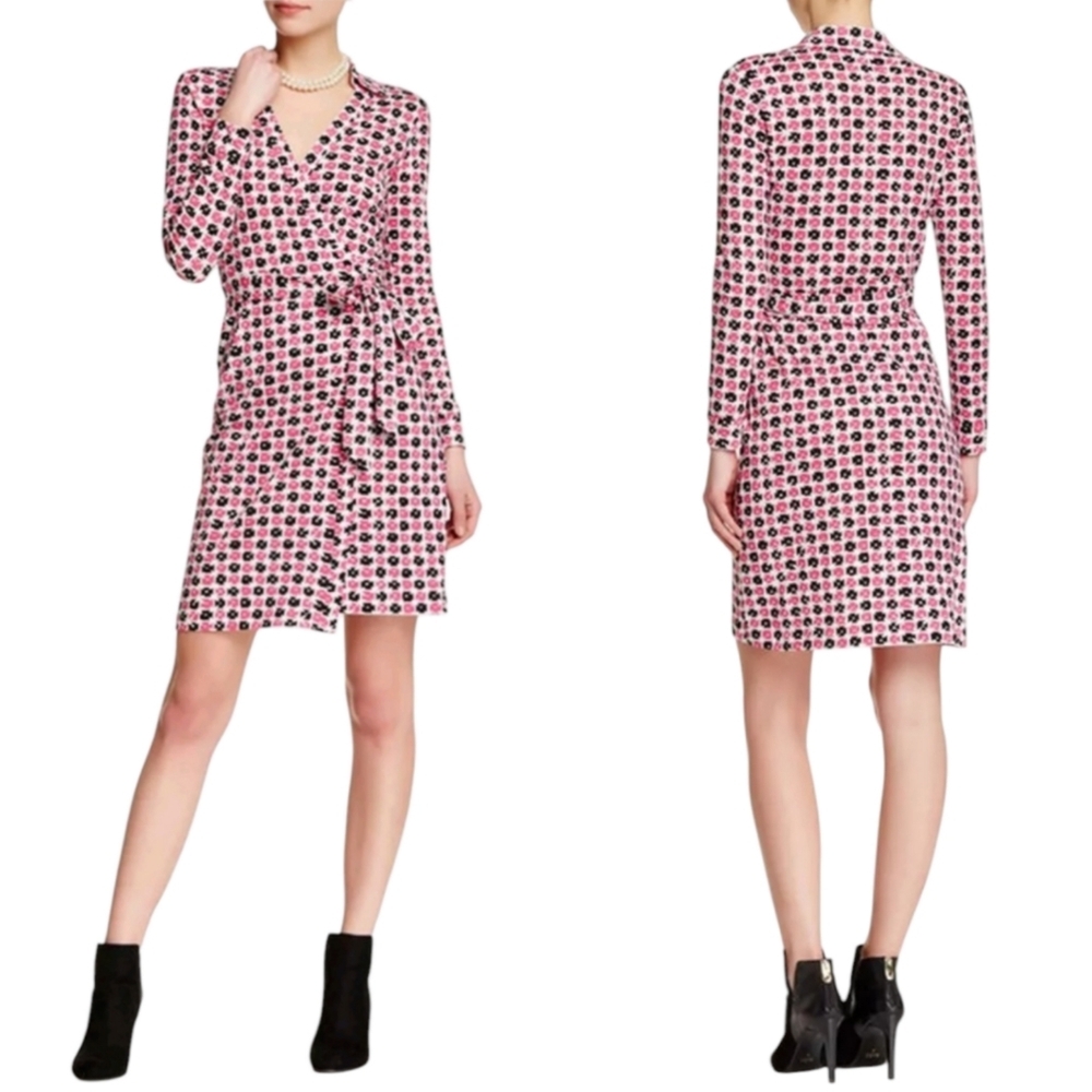 Diane von Furstenberg Jeanne Two Pink Dot Wrap Dress Size 4‎ Long Sleeve